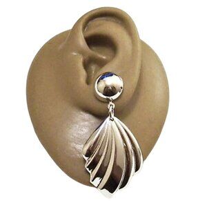 1 7/8 Inch 48mm Fan Ribbed Dangles Hoop Pierced Post Stud Earrings Silver Tone